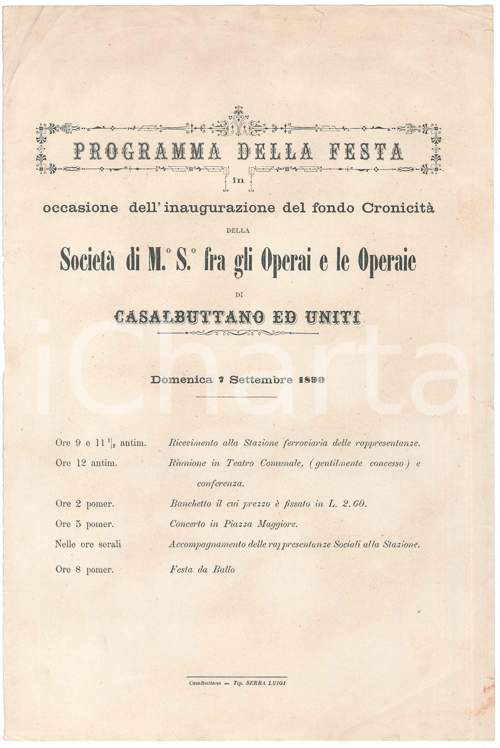 Documento originale, autentico 1890 CASALBUTTANO ED UNITI SocietÃ  Operaia  Festa Fondo CronicitÃ  Programma 1