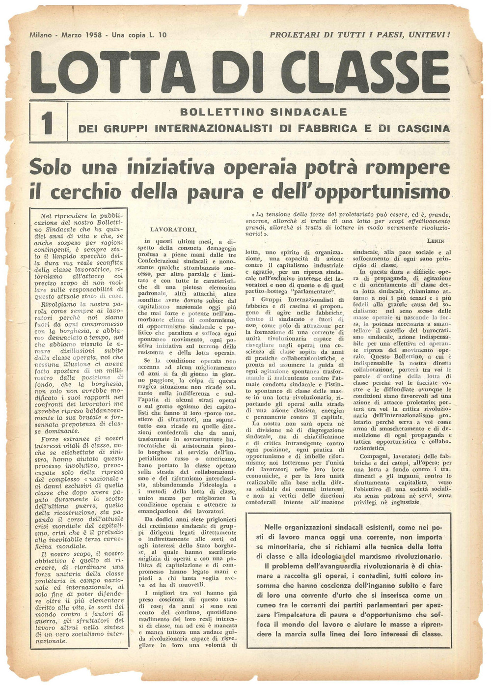 Giornale, rivista storica 1958 MILANO  LOTTA DI CLASSE  Iniziativa operaia contro la paura Bollettino 1