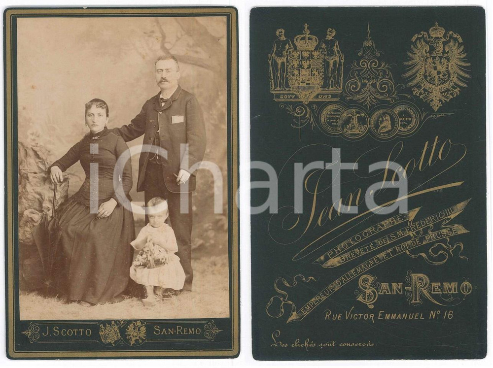 Fotografia d epoca originale 1880 ca SANREMO Famiglia con bambina con cestino di fiori  Foto J. SCOTTO 11x16 1