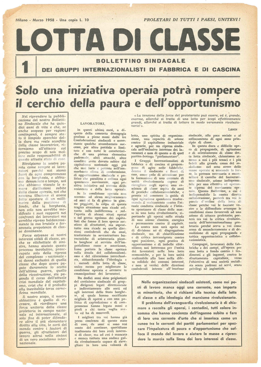 Giornale, rivista storica 1958 MILANO  LOTTA DI CLASSE  Iniziativa operaia contro la paura Bollettino 1