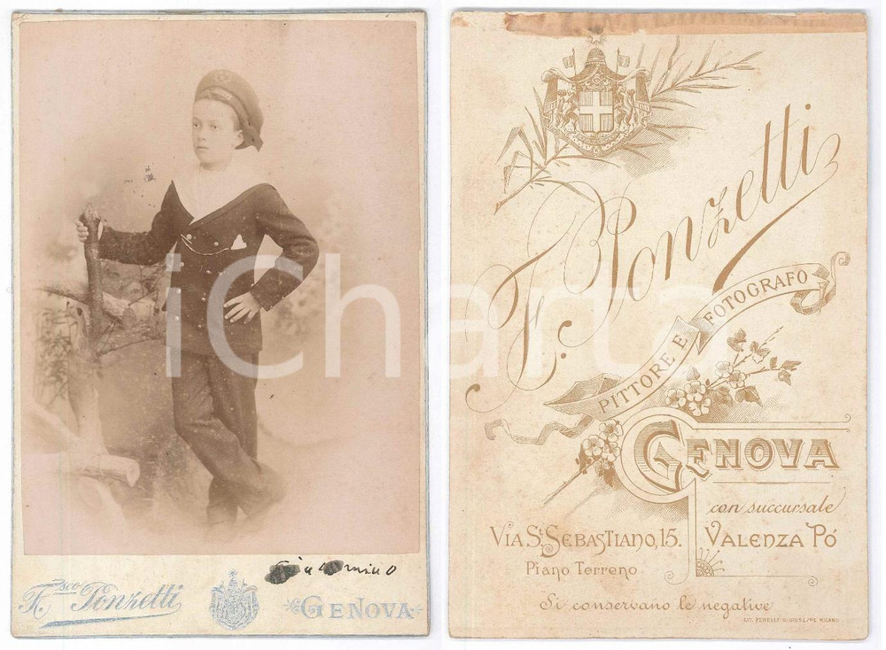 Fotografia d epoca originale 1900 ca GENOVA Bambino vestito da marinaretto Foto Francesco PONZETTI 1
