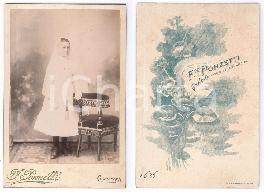 Fotografia d epoca originale 1890 ca GENOVA Ragazza alla Prima Comunione  Ritratto  Foto Francesco PONZETTI 1