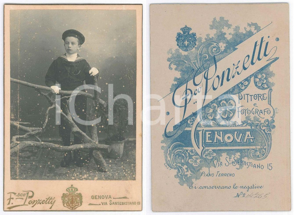 Fotografia d epoca originale 1900 ca GENOVA Bambino vestito da marinaretto  Foto Francesco PONZETTI 1