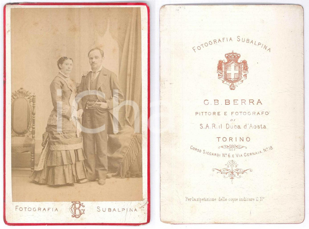 Fotografia d epoca originale 1880 ca TORINO Ritratto di una coppia di sposi Foto G. B. BERRA 10x16 cm 1