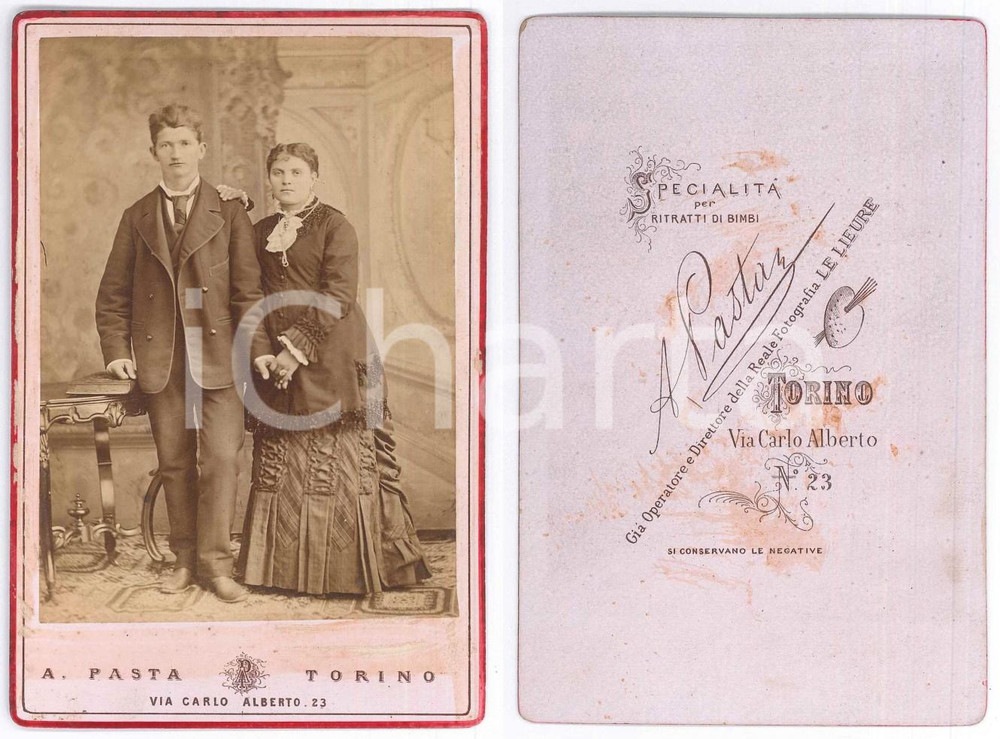 Fotografia d epoca originale 1880 ca TORINO Coppia di giovani sposi  Ritratto  Foto A. PASTA 11x16 cm 1
