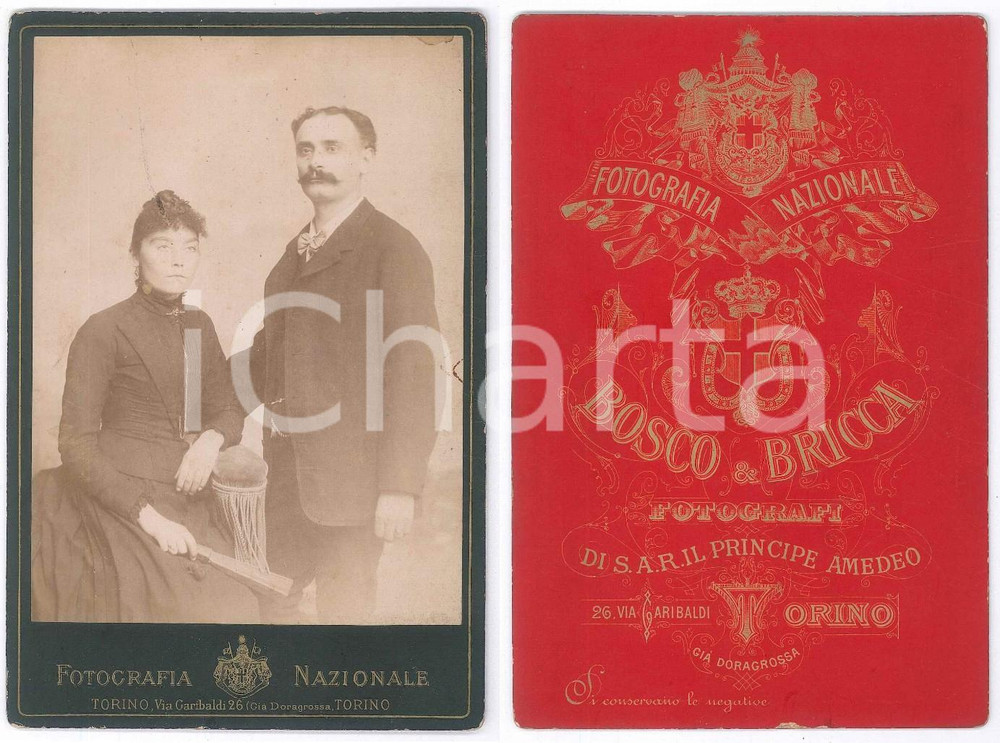 Fotografia d epoca originale 1900 ca TORINO Coppia con ventaglio  Ritratto Foto BOSCO & BRICCA 11x16 cm 1