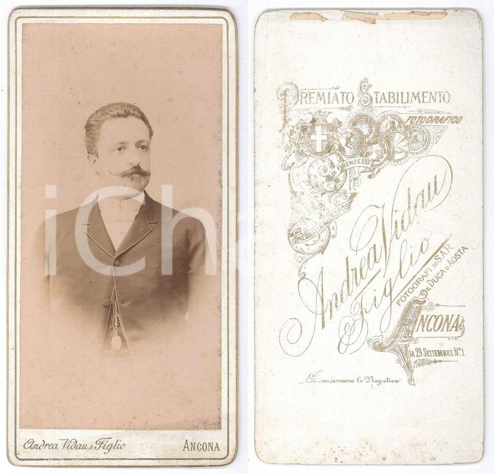 Fotografia d epoca originale 1890 ca ANCONA Ritratto maschile  Busto  Foto Andrea VIDAU figlio 9x17 cm 1
