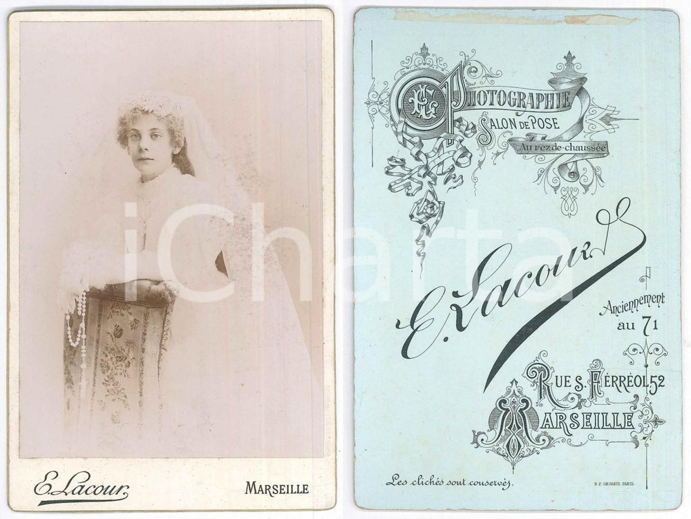 Fotografia d epoca originale 1900 ca MARSEILLE Ritratto di ragazza in abito da Cresima Foto E. LACOUR 11x16 1