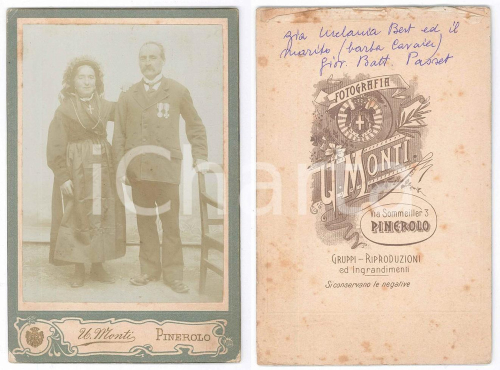 Fotografia d epoca originale 1900 ca PINEROLO Coniugi Giovanni Battista PASSET Melania BERT Foto U. MONTI 1