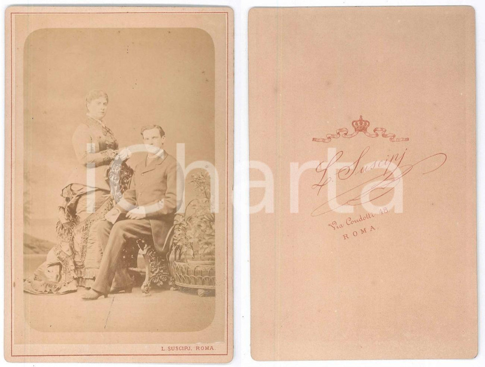Fotografia d epoca originale 1875 ca ROMA Ritratto di una coppia di sposi  Foto Lorenzo SUSCIPJ 11x16 cm 1