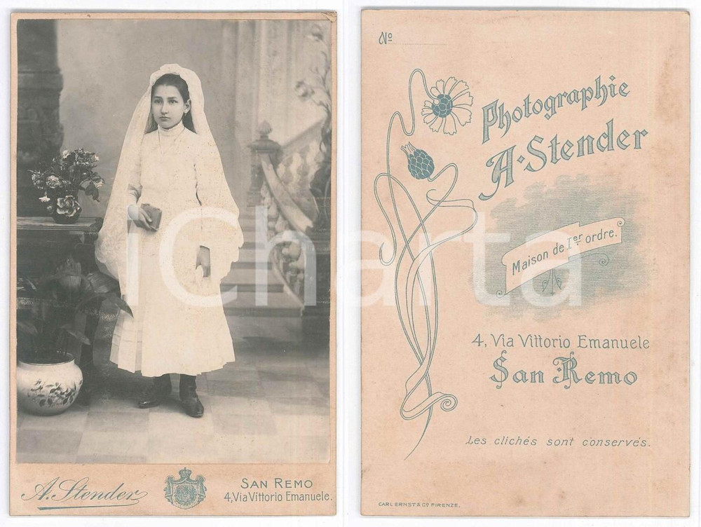 Fotografia d epoca originale 1900 ca SANREMO Bambina alla Prima Comunione  Ritratto  Foto A. STENDER 1