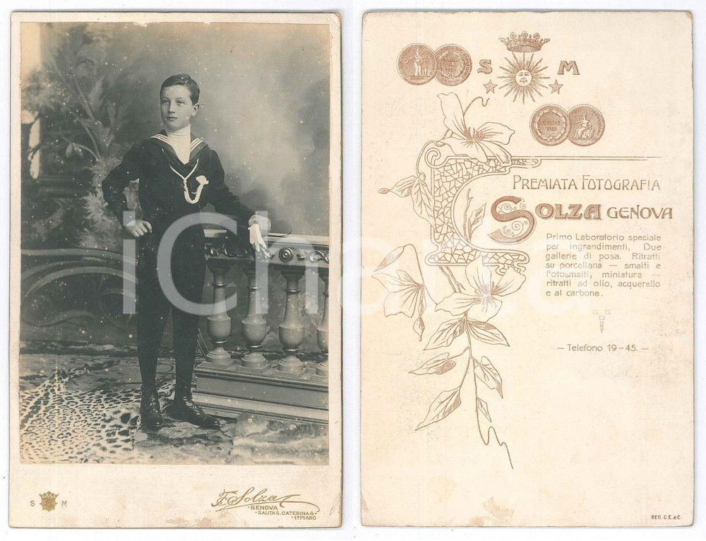 Fotografia d epoca originale 1890 ca GENOVA Ritratto di adolescente in  divisa marinara Fotografia SOLZA 1