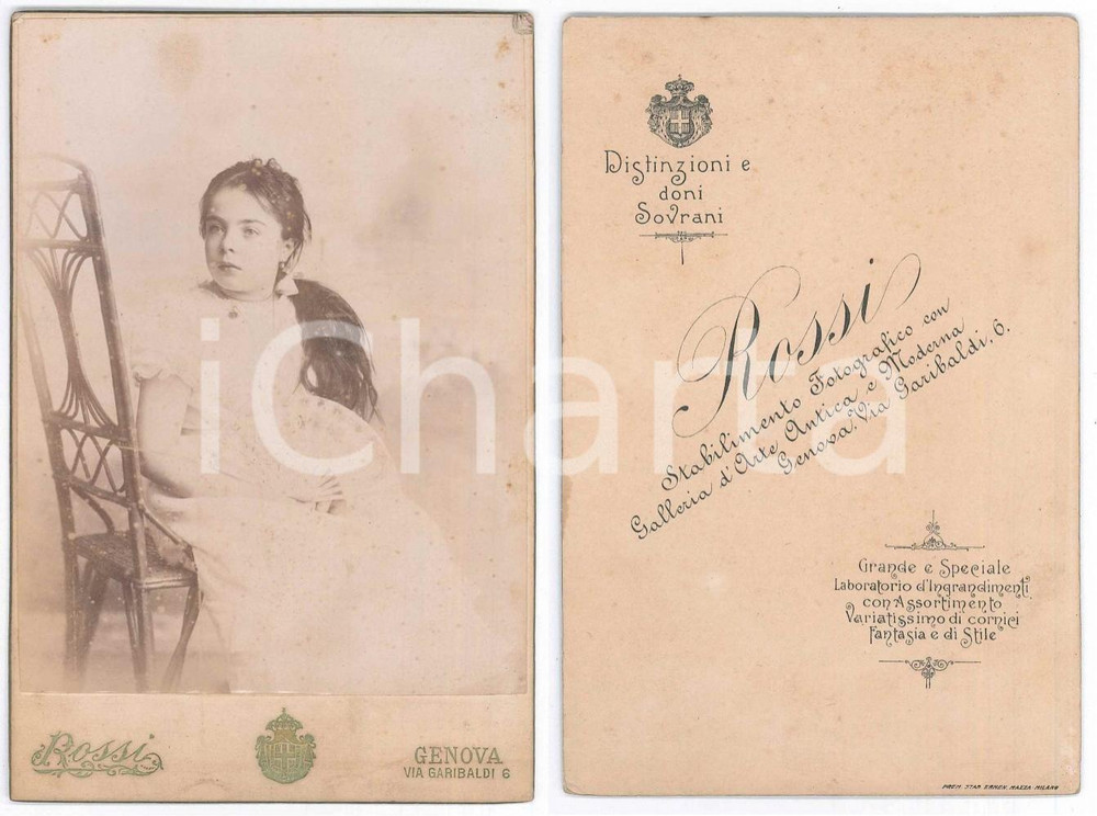 Fotografia d epoca originale 1900 ca GENOVA Ragazza in abito bianco e ventaglio  Ritratto Foto Giulio ROSSI 1