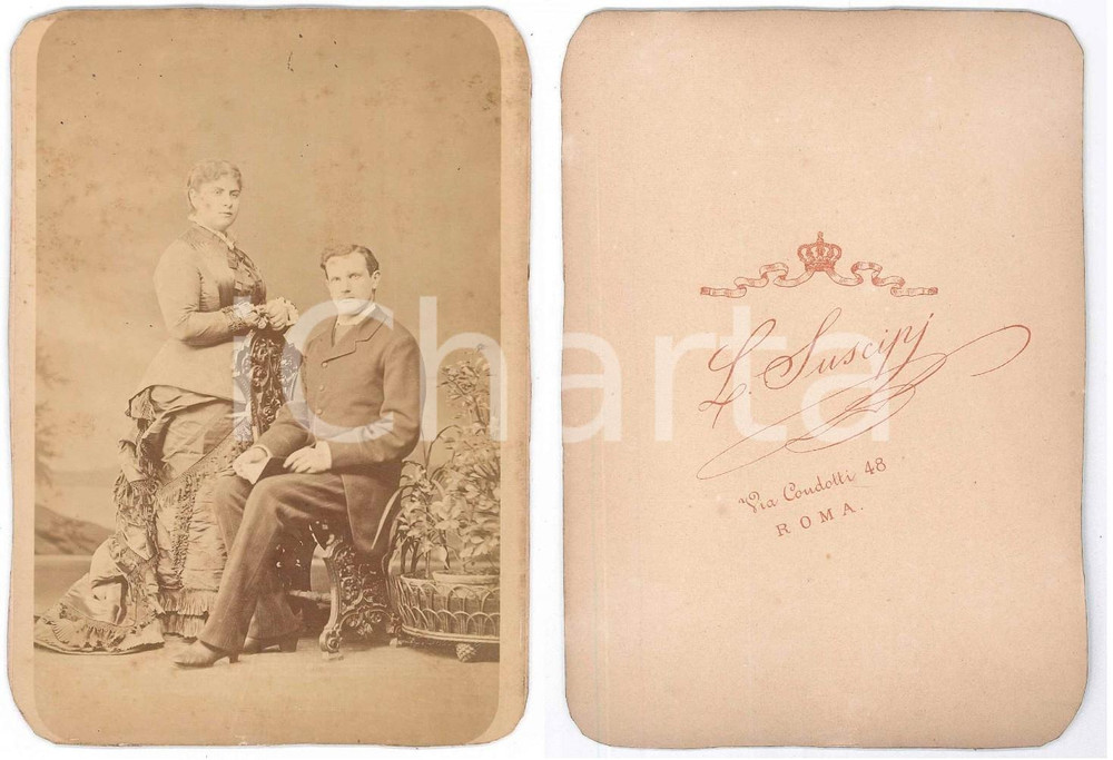Fotografia d epoca originale 1875 ca ROMA Ritratto di una coppia di sposi Foto Lorenzo SUSCIPJ 10x15 cm 1