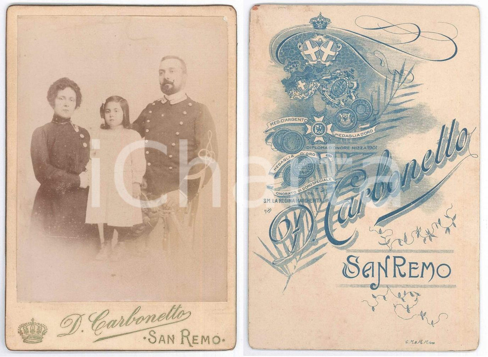 Fotografia d epoca originale 1905 ca SANREMO Famiglia di un ufficiale  Ritratto  Foto D. CARBONETTO 11x16 1