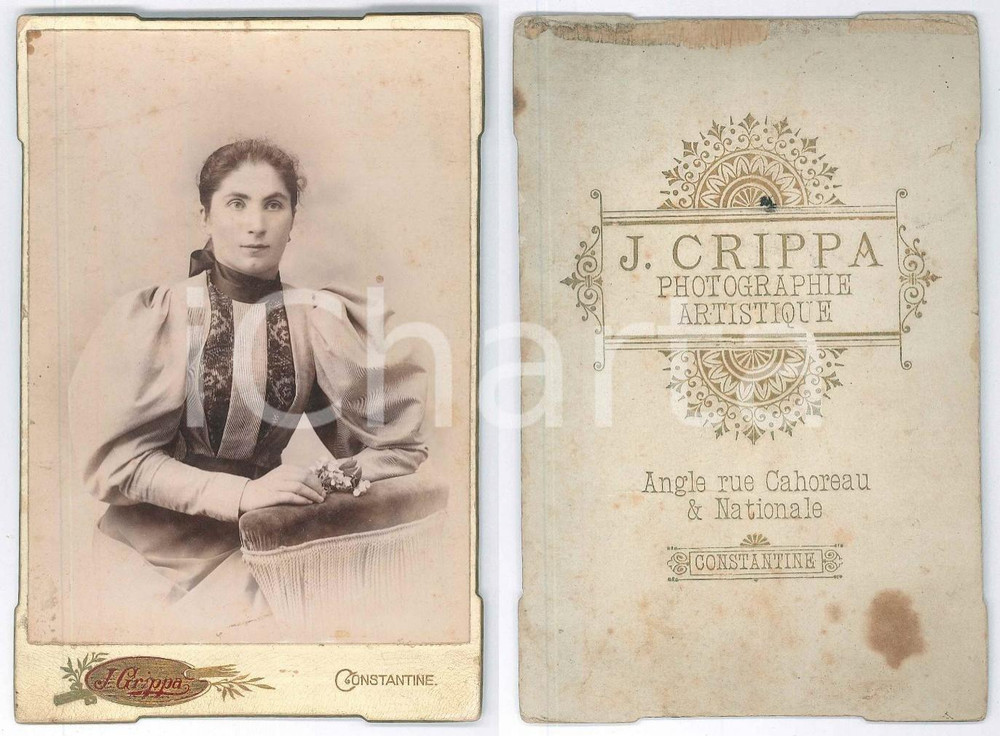 Fotografia d epoca originale 1900 ca CONSTANTINE ALGERIE Femme franÃ§aise assise  Photo J. CRIPPA 1