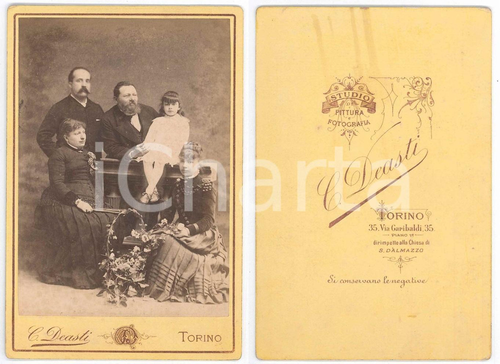 Fotografia d epoca originale 1900 ca TORINO Ritratto di famiglia con cesto di fiori Foto C. DEASTI 11x16 1