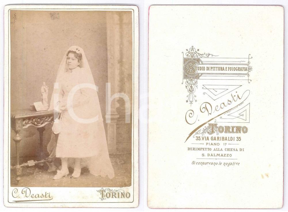 Fotografia d epoca originale 1900 ca TORINO Ritratto di bambina alla Prima Comunione Foto C. DEASTI 11x16 1