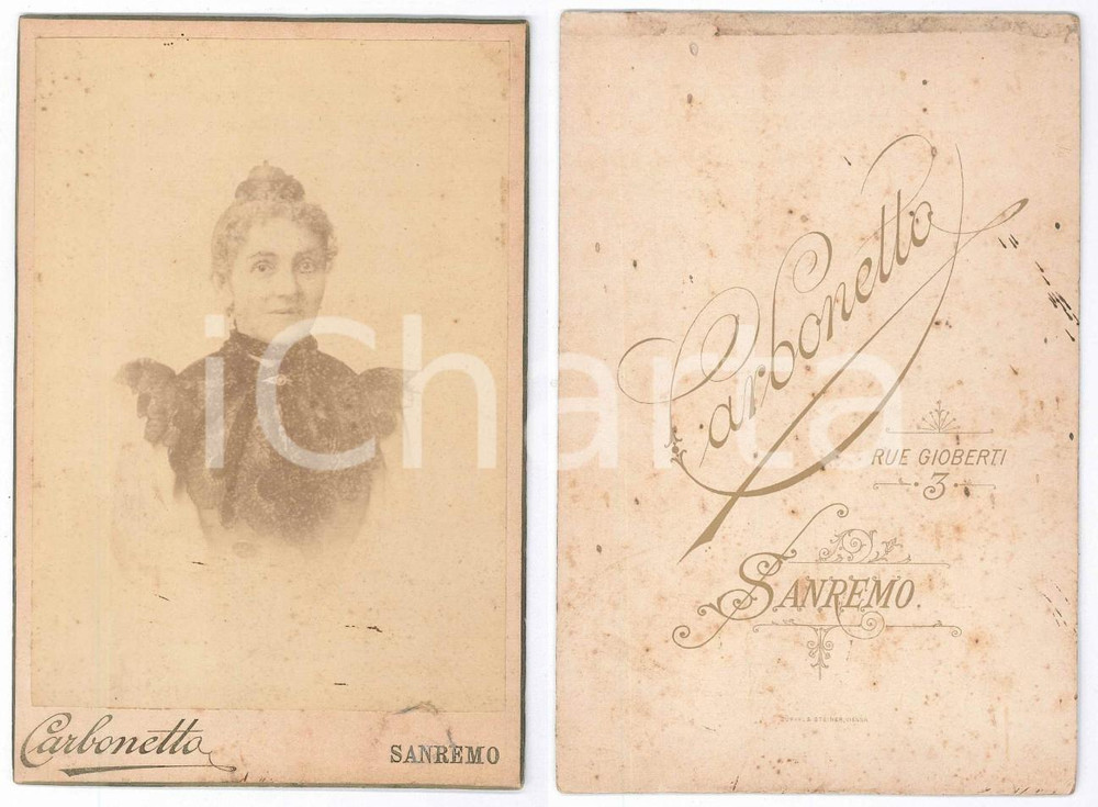 Fotografia d epoca originale 1905 ca SANREMO Donna in abito a ricami neri  Ritratto  Foto D. CARBONETTO 1