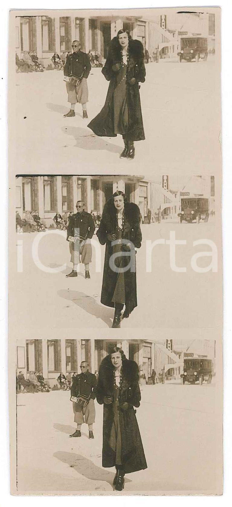 Fotografia d epoca originale 1930 ca s.l. ITALIA Donna in pelliccia a passeggio Foto 3 provini 6x13 cm 1