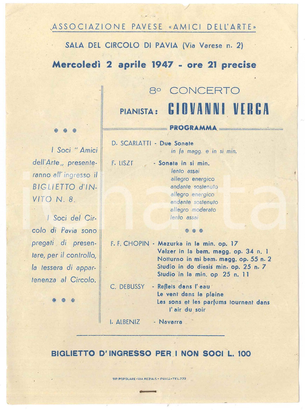 Materiale pubblicitario d’epoca 1947 PAVIA Associazione AMICI DELL ARTE  Concerto Giovanni VERGA Volantino 1