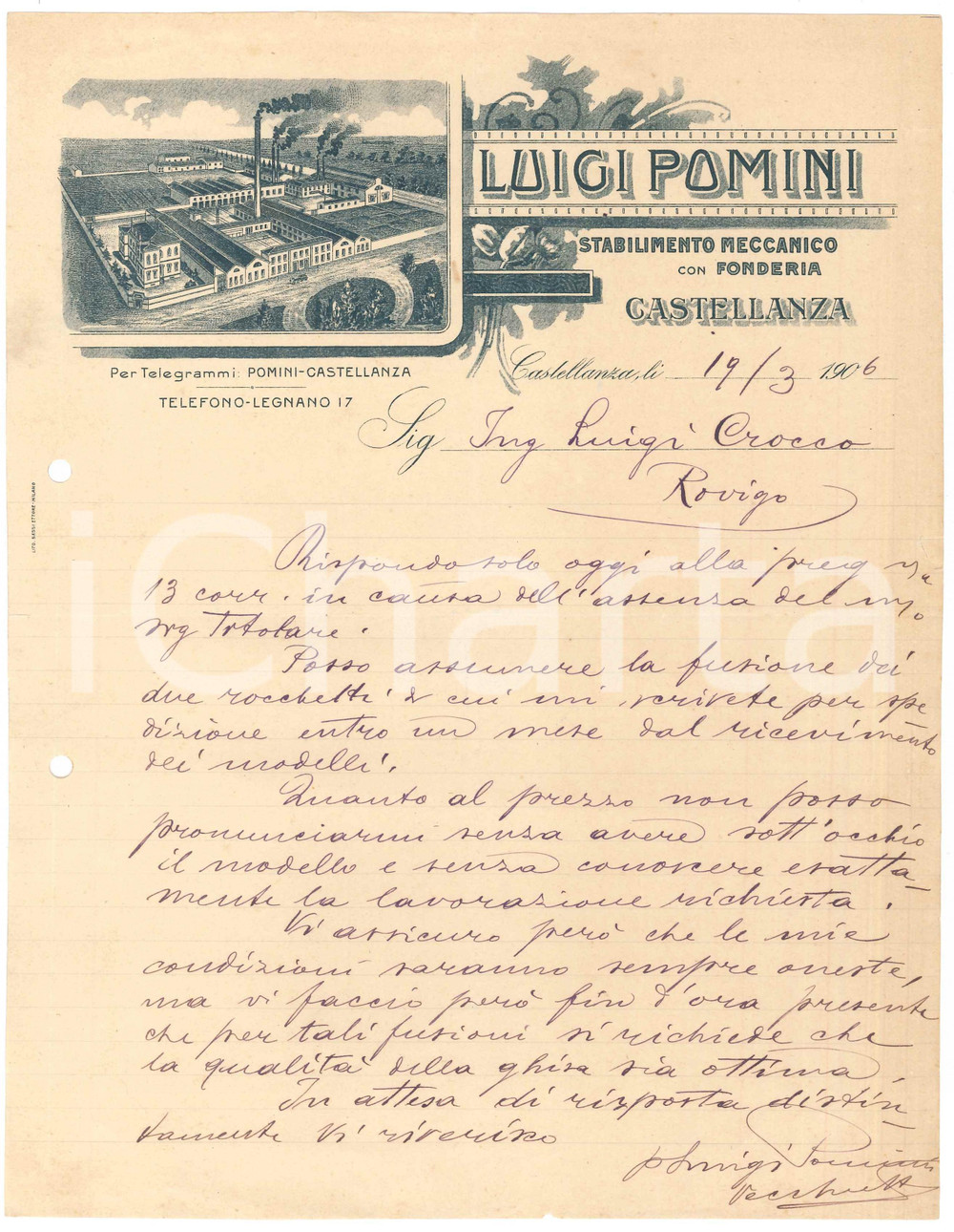 Documento originale, autentico 1906 CASTELLANZA VA Stabilimento meccanico Luigi POMINI  Lettera commerciale 1
