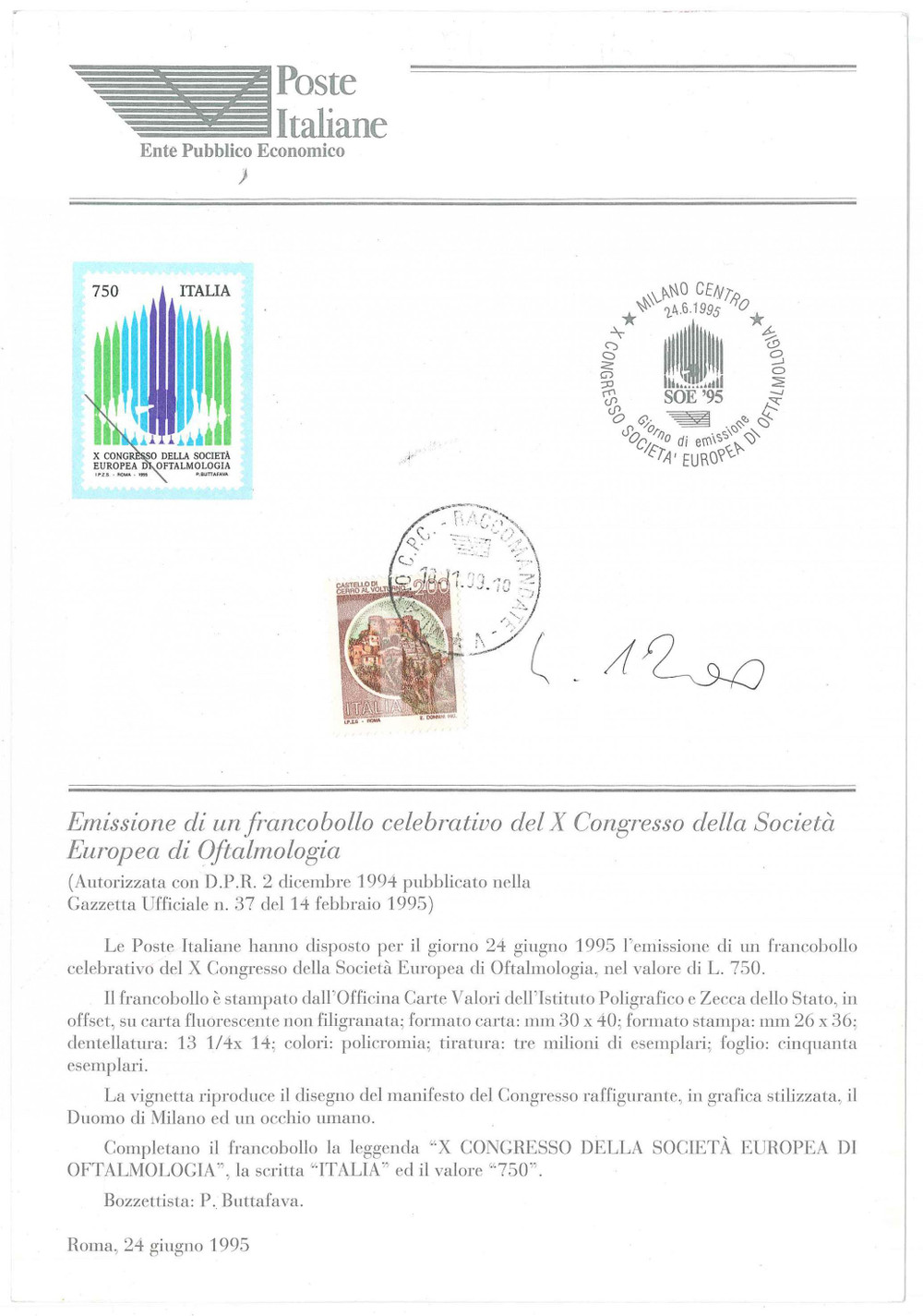Oggetto da collezione cartaceo 1995 FILATELIA  POSTE ITALIANE  Emissione francobollo X Congresso Oftalmologia 1