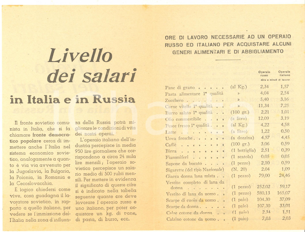 Materiale pubblicitario d’epoca 1950 ca ANTICOMUNISMO Livello dei salari in Italia e in Russia PROPAGANDA 5 1