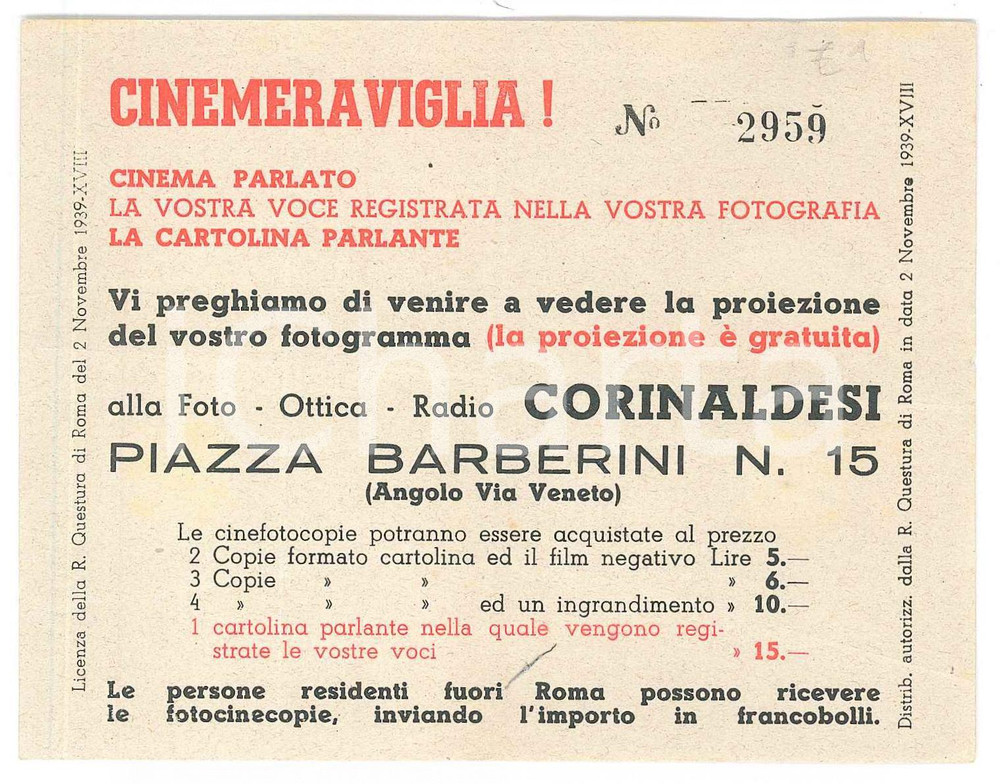 Oggetto da collezione cartaceo 1939 ROMA Piazza Barberini  Foto CORINALDESI Cinemeraviglia  Biglietto 12x9 cm 1