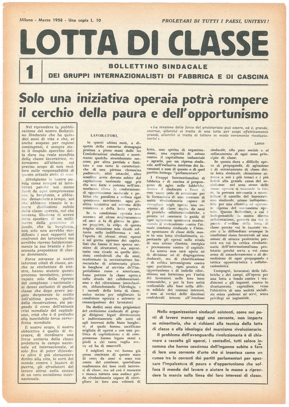 Giornale, rivista storica 1958 MILANO  LOTTA DI CLASSE  Iniziativa operaia contro la paura  Bollettino 1