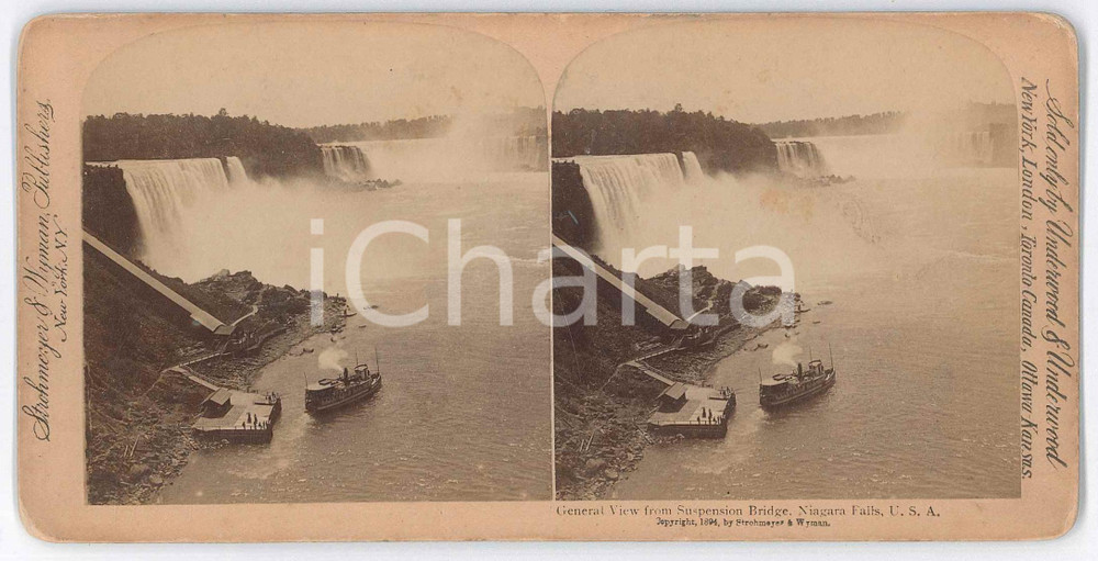 Fotografia d epoca originale 1894 NIAGARA FALLS General view from Suspension Bridge  Stereoview STROHMEYER 1