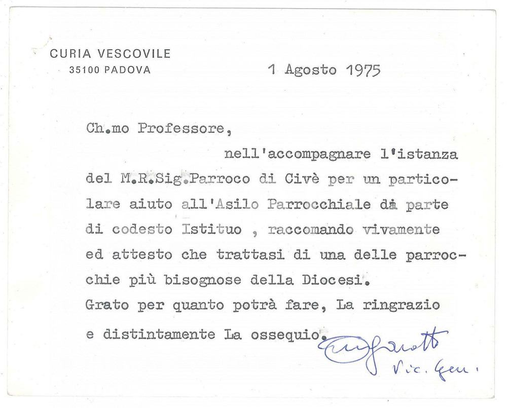Autografo originale 1975 PADOVA Biglietto mons. Alfredo MAGAROTTO  Vicario generale  AUTOGRAFO 1