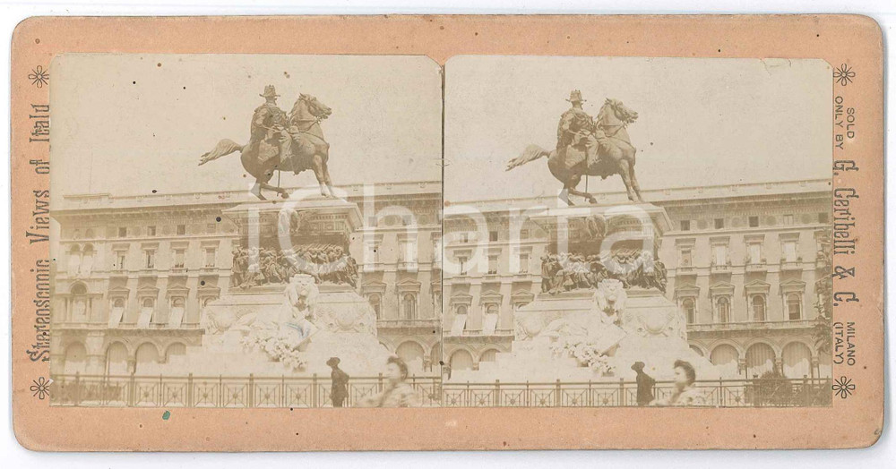 Fotografia d epoca originale 1890 ca MILANO Piazza Duomo  Monumento a Vittorio Emanuele II  Stereoscopica 1