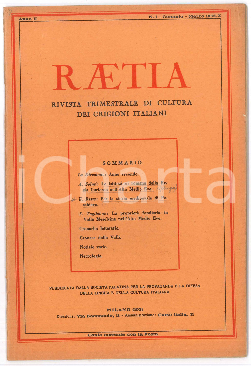 Giornale, rivista storica 1932 RAETIA Storia medievale di Poschiavo  Valle MESOLCINA Rivista GRIGIONI n°1 1