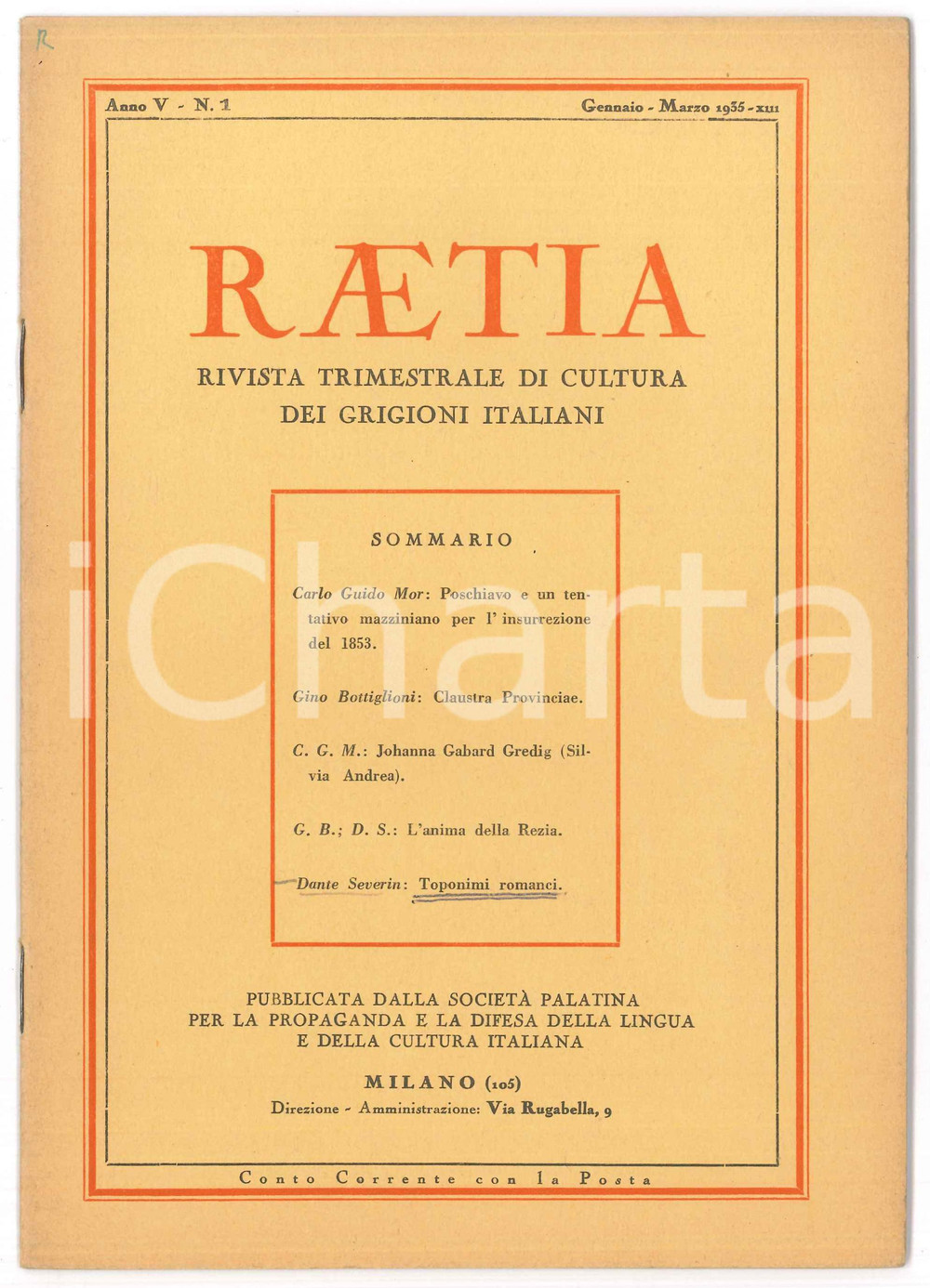 Giornale, rivista storica 1938 RAETIA Questione ladina  Rivista GRIGIONI ITALIANI nÂ°1 1