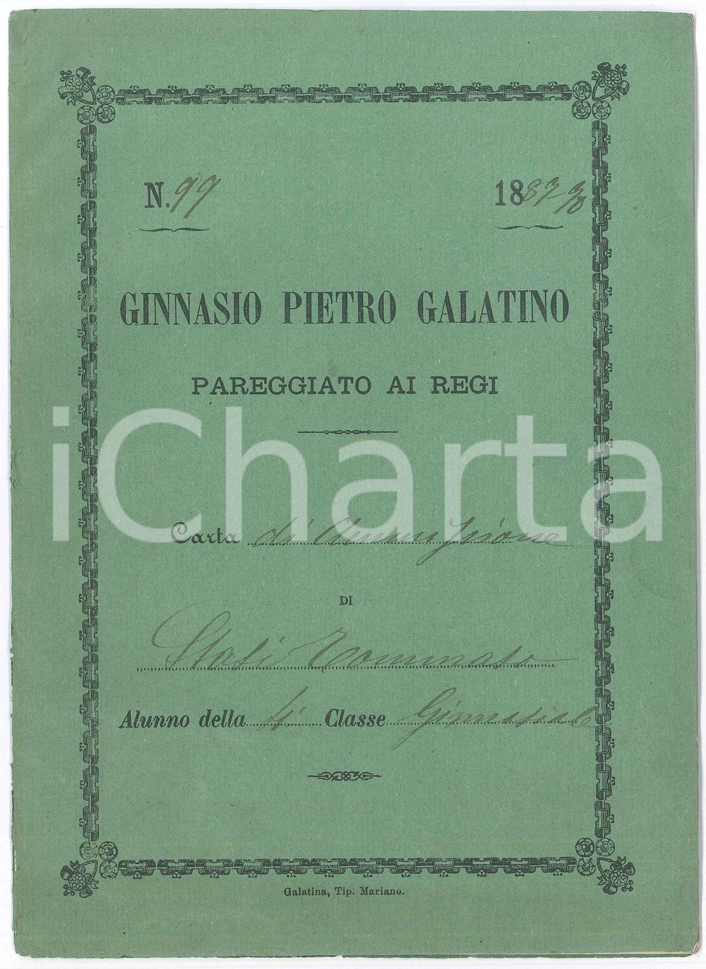 Oggetto da collezione cartaceo 1890 GALATINA Ginnasio Pietro Galatino  Pagella Tommaso STASI classe IV 1