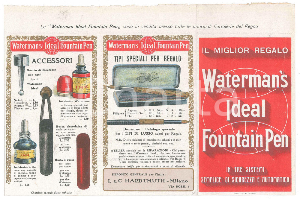 Materiale pubblicitario d’epoca 1915 ca WATERMAN Ideal Fountain Pen  Pieghevole pubblicitario ILLUSTRATO 1