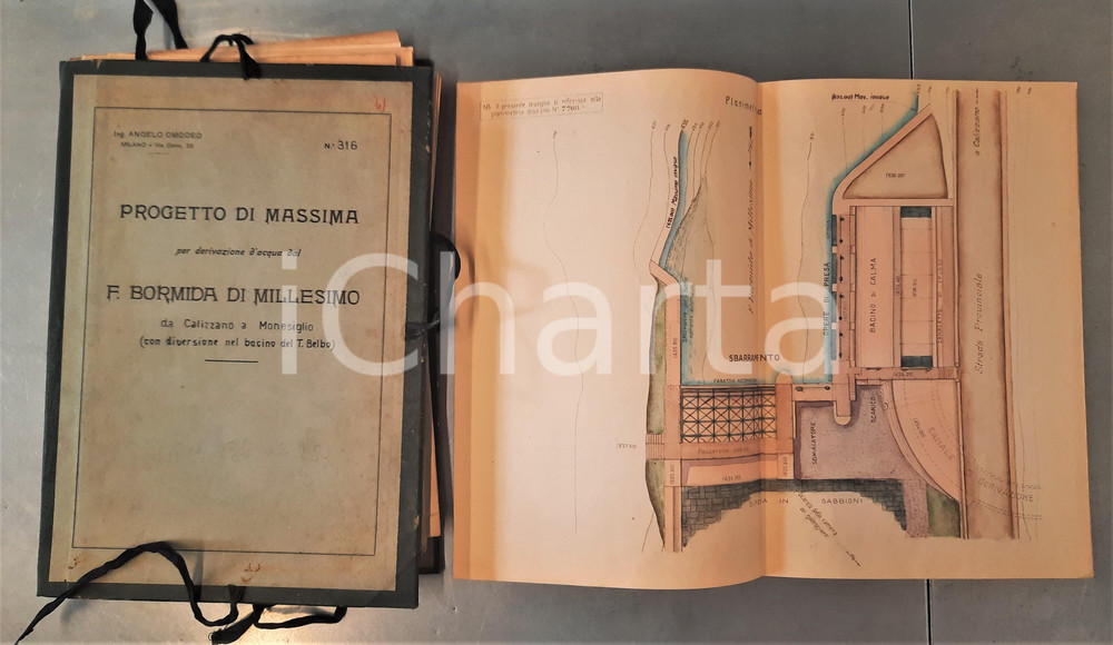 Libro, pubblicazione d epoca 1924 Ditta Ing. Angelo OMODEO  Progetto derivazione acqua dal BORMIDA 15 tavv. 1