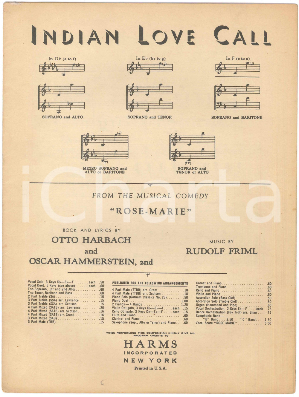 Oggetto da collezione cartaceo 1924 Rudolf FRIML Oscar HAMMERSTEIN  Indian Love Call  RoseMarie Spartito 1