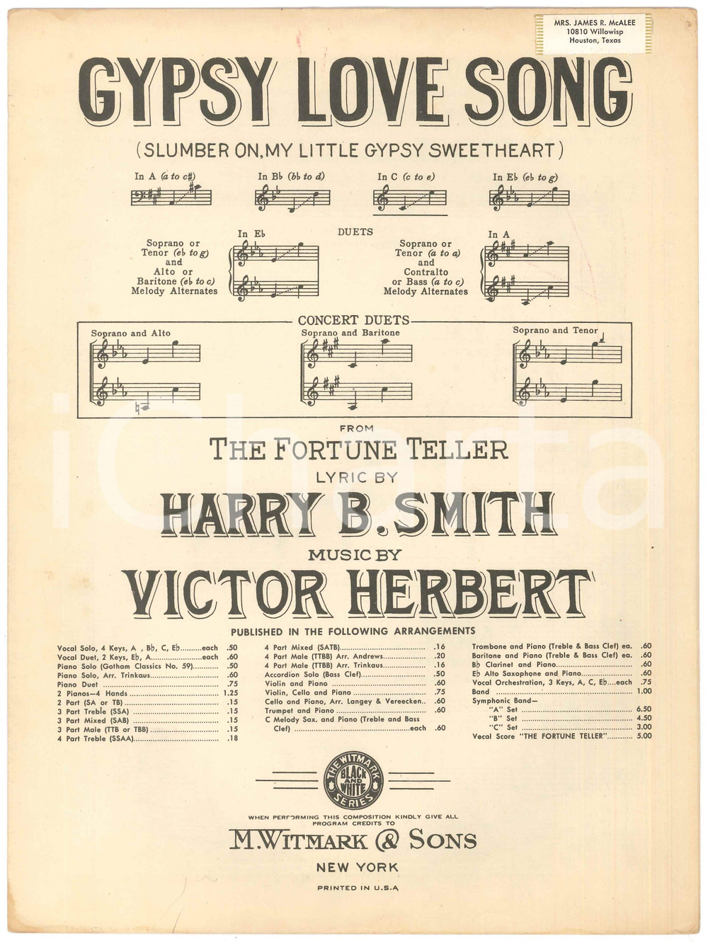 Oggetto da collezione cartaceo 1898 Victor HERBERT Harry B. SMITH Gypsy Love Song  Spartito 1