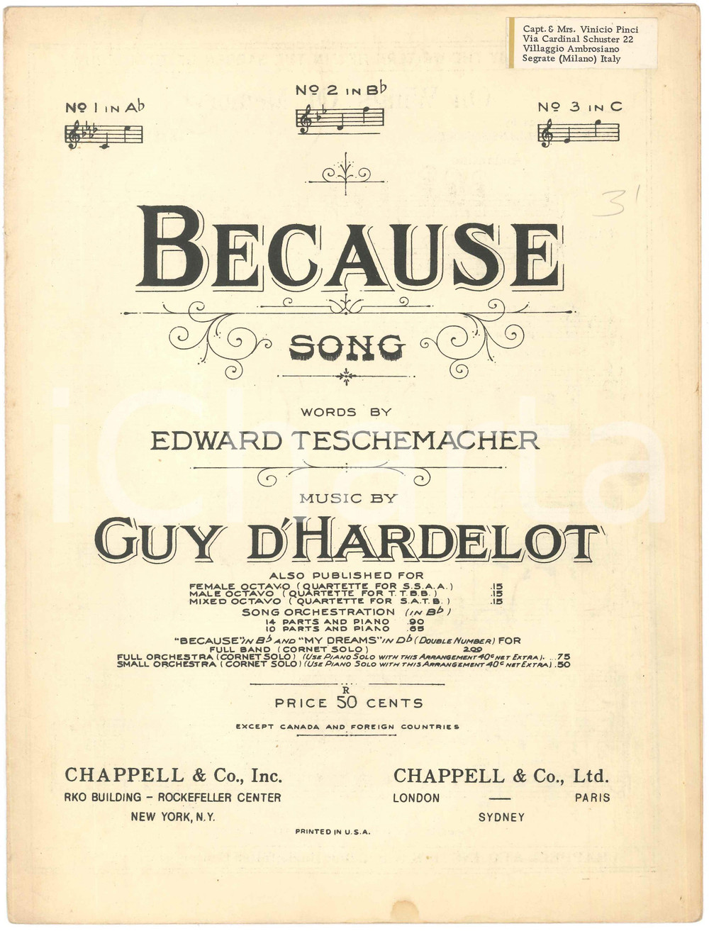 Oggetto da collezione cartaceo 1939 Guy D HARDELOT Edward TESCHEMACHER Because  Spartito 1