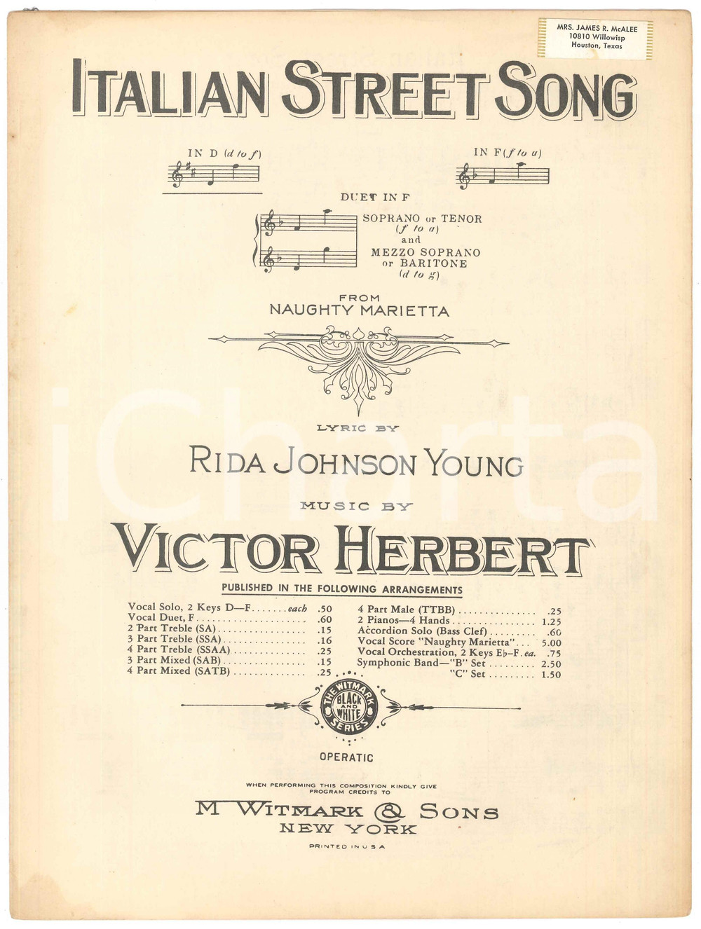 Oggetto da collezione cartaceo 1910 Victor HERBERT Rida Johnson YOUNG Italian Street Song  Spartito 1