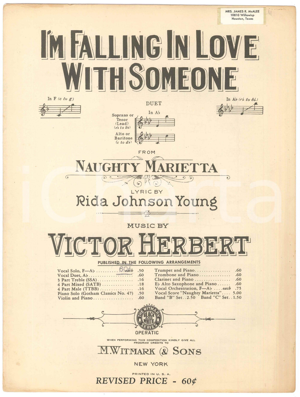 Oggetto da collezione cartaceo 1910 Victor HERBERT Rida Johnson YOUNG I m falling in love with someone SPARTITO 1