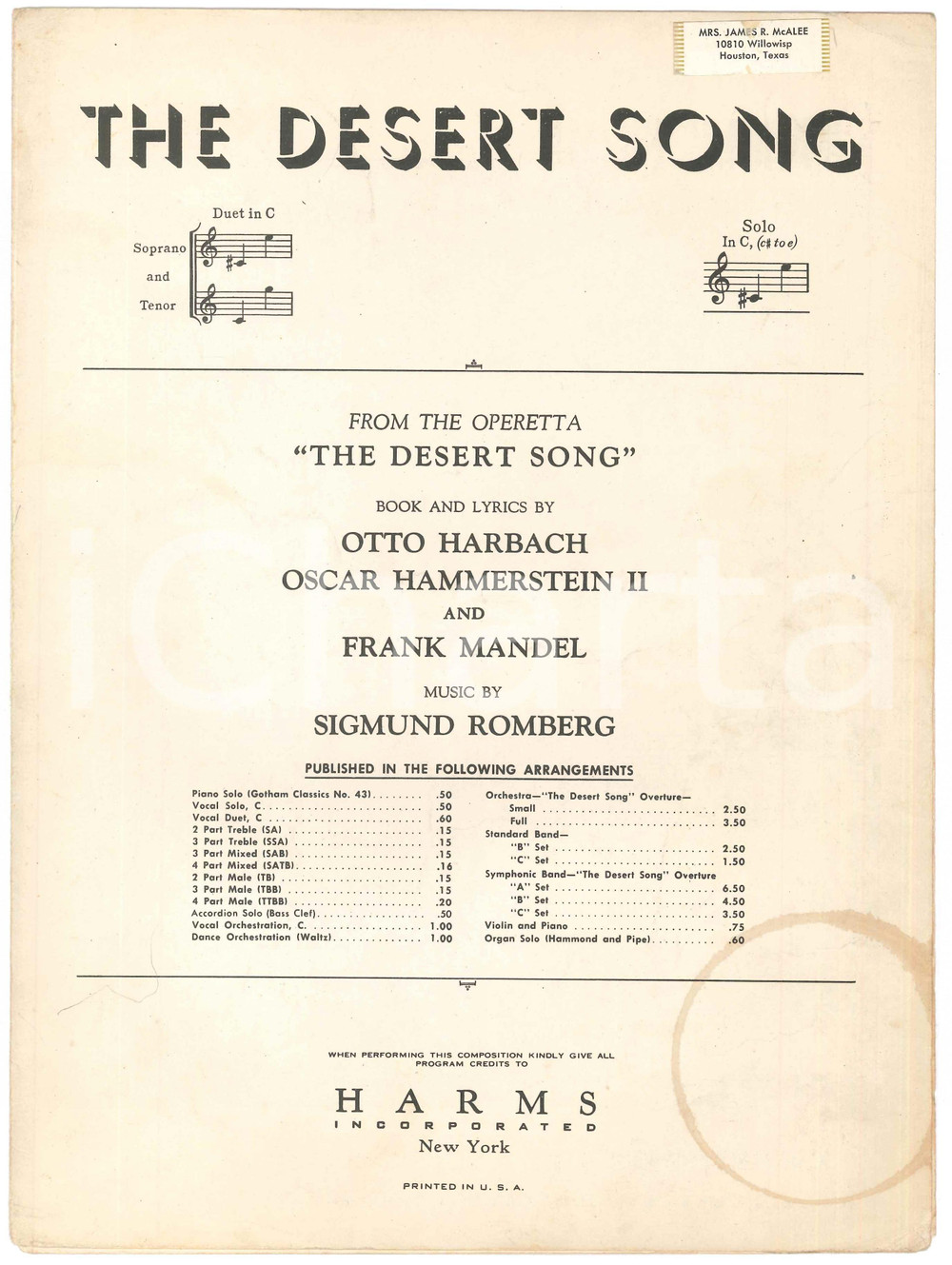 Oggetto da collezione cartaceo 1926 Sigmund ROMBERG Otto HARBACH Oscar HAMMERSEIN II The desert song  Spartito 1