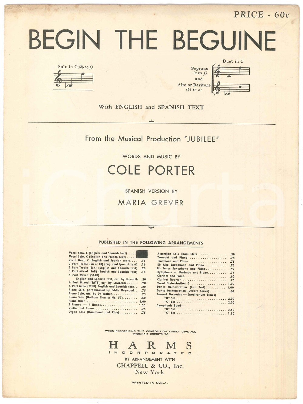 Oggetto da collezione cartaceo 1935 Cole PORTER Begin the beguine  Jubilee  Spartito 1