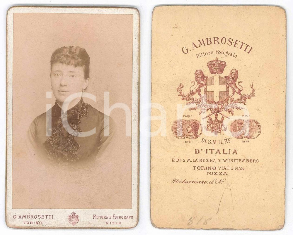 Fotografia d epoca originale 1880 ca TORINO Donna in abito con ricami scuri  Foto Giuseppe AMBROSETTI CDV 1