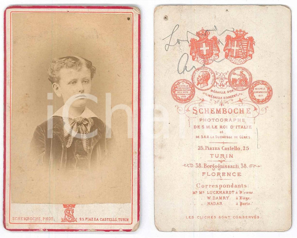 Fotografia d epoca originale 1875 ca TORINO Bambino con fiocco a pois  Ritratto Foto SCHEMBOCHE CDV 1