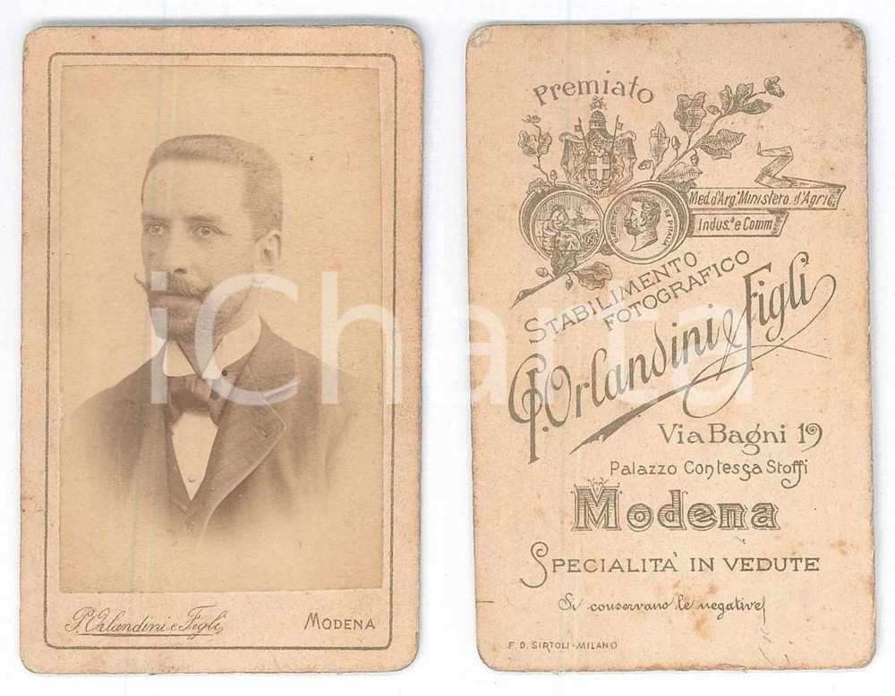 Fotografia d epoca originale 1890 ca MODENA Ritratto maschile  Busto  Foto P. ORLANDINI CDV 1