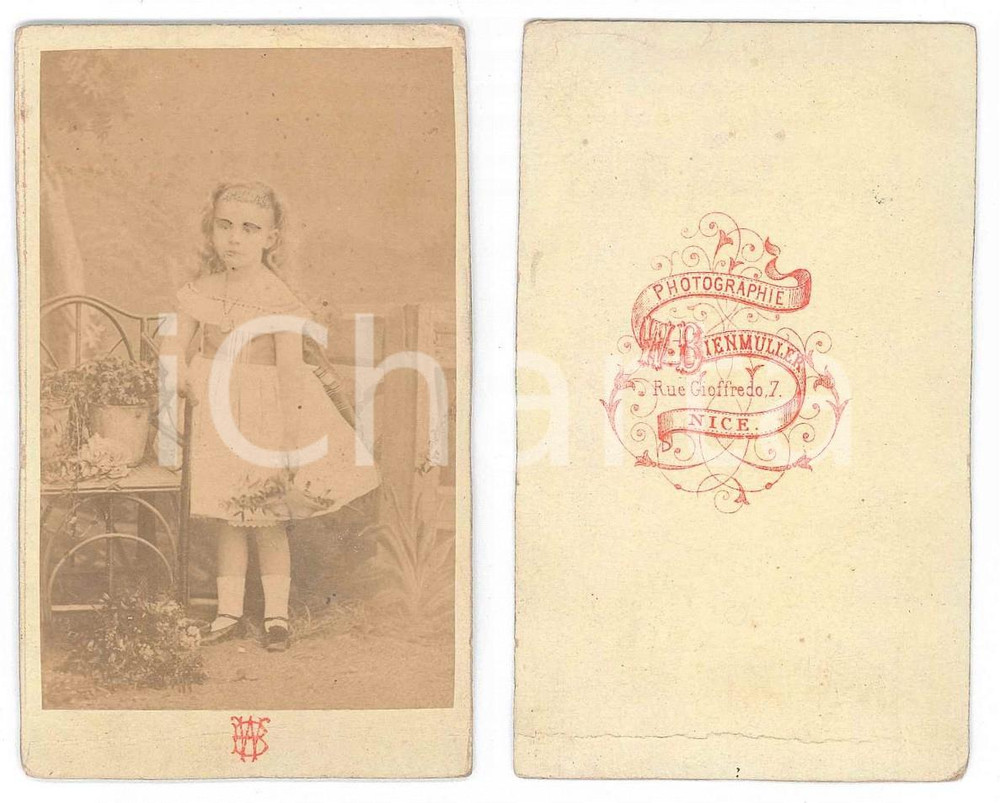 Fotografia d epoca originale 1870 ca NICE FRANCE Portrait de petite fille  Photo Wilhelm BIENMULLER 1