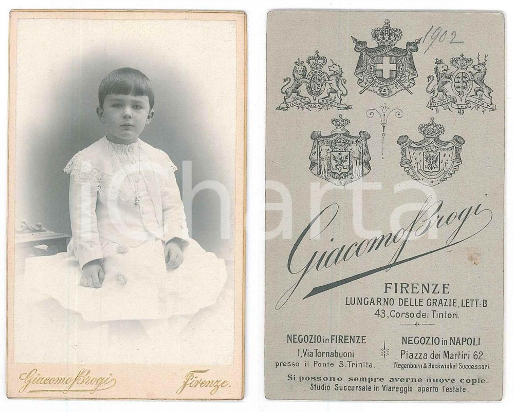 Fotografia d epoca originale 1902 FIRENZE Bambino in abito bianco  Ritratto Foto Giacomo BROGI CDV 1